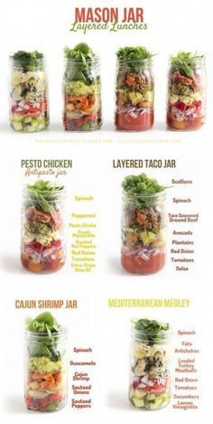 mason jar filled with different types of salads and ingredients to make it look like they are