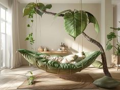 a living room filled with lots of plants and hanging chairs on the floor next to each other