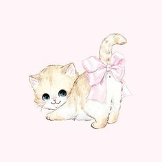 a drawing of a kitten with a pink bow