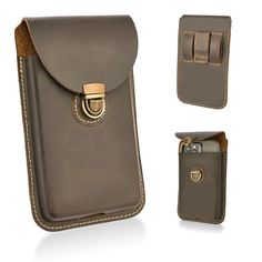 a brown leather case for a cell phone with two compartments and a belt clip on the side