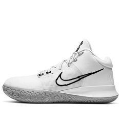 the nike zoom basketball shoe is white with black and grey details on the upper part