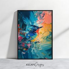 an abstract painting with blue, yellow and red colors on the canvas in front of a white wall