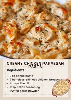 the recipe for creamy chicken parmesan pasta is shown