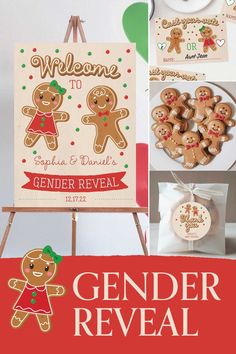 ginger reveal sign, cookies and other items are featured in this collage with the words welcome to gender reveal on it