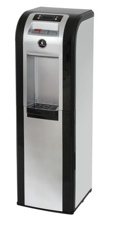 a silver and black water dispenser on a white background