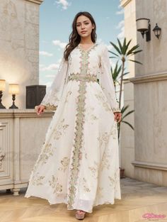 Qteee - Stylish White Dress with Gold Foil Embroidery and Floral Lace Trim from Dongchangpao White Embroidered Anarkali Kaftan, White Dress With Gold Embroidery For Eid, White Anarkali Dress With Gold Embroidery, Multicolor Embroidered Kaftan For Eid Wedding, Multicolor Embroidered Kaftan For Wedding And Eid, Eid Wedding Multicolor Embroidered Kaftan, White Long Sleeve Embroidered Dress For Festive Occasions, White Long Sleeve Kaftan With Gold Embroidery, White Embroidered Border Kaftan For Wedding