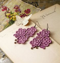 lace earrings - ELOISE - radiant orchid - dangle earrings - floral - radiant orchid www.etsy.com Lace Bouquet, Purple Dangle Earrings, Earrings Prom, Copper Hardware, Lace Crafts, Storing Craft Supplies, Pale Purple, Lace Earrings