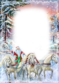 santa claus riding on a sleigh with horses in the snow