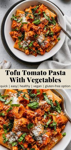 two plates filled with pasta covered in tomato sauce and parmesan cheese on top