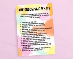 the grooms said what? card on a pink background with watercolor paint strokes