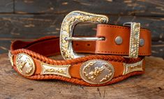 Handcrafted western concho rodeo leather belt Western Concho Belt Buckles For Western-themed Events, Western Style Adjustable Belt With Removable Feature, Western Concho Belts For Ranch, Western Brown Belt With Concho, Southwestern Adjustable Belts For Western-themed Events, Western Style Adjustable Belts For Western-themed Events, Western Style Brown Concho Belt, Adjustable Southwestern Belt For Western-themed Events, Western Concho Belt Buckles For Country Events