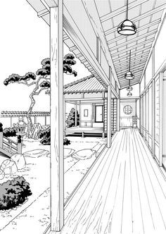 a line drawing of a porch with trees and bushes on either side, in the background