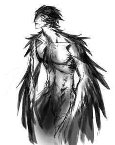 a black and white drawing of a woman with wings on her chest, standing in front of