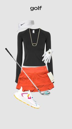 a woman in black shirt and orange skirt with tennis racket on grey background, text says golf