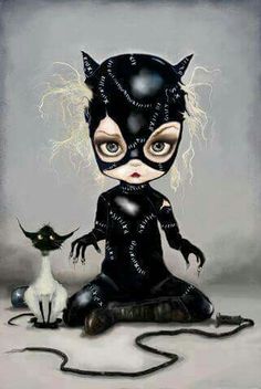 a painting of a catwoman sitting on the ground next to a small black cat