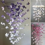 three pictures of butterflies in different colors and sizes hanging from the ceiling, with text that reads diy pretty butterfly chandelier mobile