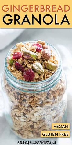 a jar filled with granola sitting on top of a table