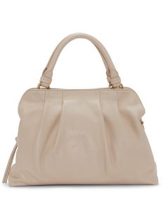 Vince Camuto-Eriel Satchel - Pretty pleats at front punctuate the Eriel. Crafted of premium pebbled leather, the satchel zips to the gusset and a tasseled pull adds a hint of movement. The versatile bags rolled handles allow it to be comfortably carried in hand and its flat strap means it can be worn as a crossbody for hands-free convenience. Three interior compartments accommodate everything from keys and compact to tablet and phone. Feminine Leather Satchel With Double Handle, Feminine Leather Shoulder Bag With Handle Drop, Leather Feminine Satchel, Feminine Leather Double Handle Satchel, Everyday Tote, Satchel Bag, Satchel Bags, Hands Free, Vince Camuto