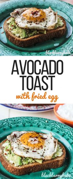 an avocado toast with fried egg on it is shown in two separate images