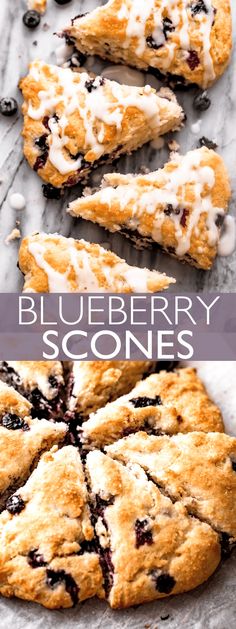 blueberry scones with white icing and fresh berries on the top are shown