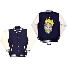 Biggie Smalls Crown Unisex Varsity Jacket Sports Graphic Print Cotton Outerwear, Graphic Print Cotton Sports Outerwear, College Winter Fan Apparel Outerwear, Winter College Fan Apparel Outerwear, Hip Hop Cotton Outerwear With Graphic Print, Sports Varsity Jacket With Graphic Print In Cotton, Collegiate Long Sleeve Outerwear With Graphic Print, Cotton Varsity Jacket With Pockets For College, Cotton Outerwear With Graphic Print For Sports Events