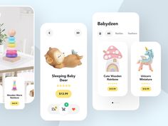 three mobile screens showing baby items and toys for sale on the app store's website