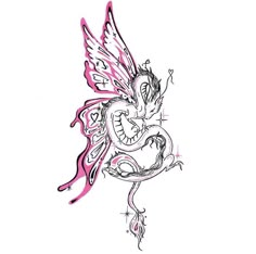 a drawing of a dragon with pink wings