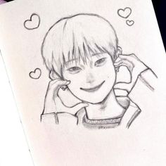 a pencil drawing of a boy smiling and holding his hand up to his ear with hearts floating above him