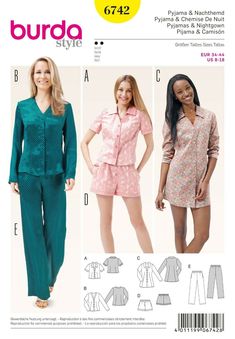 Burda Style sewing pattern - No.6742 Nightgown - pajamas - pajamas for her Order unit corresponds to: 1 original packaging pattern Women's pajamas and nightgowns for summer and winter. Fabric recommendation: Cotton fabrics, viscose, satin Ingredients: see photo Size: 34 - 44 levels: 2 - easy lightning idea24 Burda Sewing Patterns, Burda Patterns, Short Blouses, Butterick Sewing Pattern, Burda Style, Fashion Sewing Pattern, Sleepwear & Loungewear, Short Pajama Set, Sleepwear Women