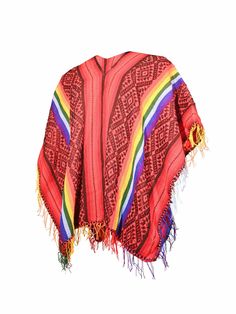 Our traditional woven red and black poncho with rainbow stripes is as stylish as it is practical at keeping the chill off. Pattern and fringe may vary slightly. Woven in the Sacred Valley of the Incas, Peru. Traditional Red One-size Poncho, Traditional Red Poncho For Fall, Traditional Red Fall Poncho, Traditional Red Shawl Poncho, Traditional Red Poncho For Festivals, Red Shawl Poncho For Festival, Red Poncho For Festival In Fall, Multicolor Fringe Shawl Poncho, Red Fall Festival Poncho