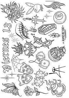 an image of tattoos drawn in black ink on white paper, with the words and symbols above