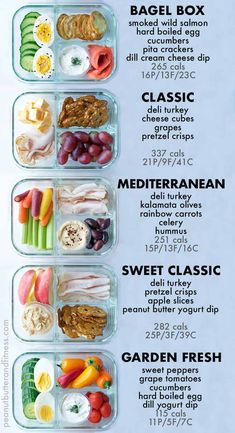 a menu with different types of food in plastic containers on top of eachother