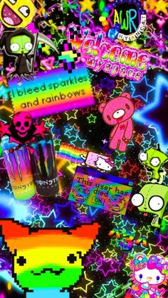 a bunch of stickers that are on top of a wallpaper covered in neon colors