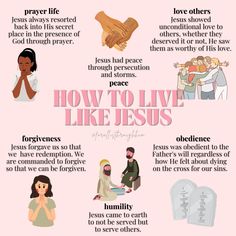 how to live like jesus with pictures and text on the bottom right hand corner in pink