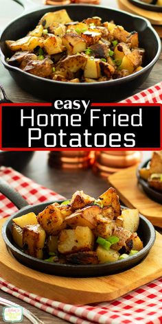 two pans filled with potatoes on top of a table