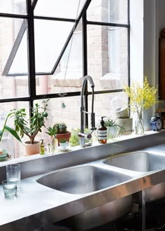 a kitchen sink sitting next to a window filled with plants