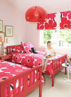 Marimekko - timeless Ellie's bedroom, as featured in Canadian H&H Bedroom Bed Ideas, Simple Bedroom Design, Colorful Bedding, Red Bedding, Interior Design Photos, Bedroom Red, Trendy Bedroom, Bed Ideas