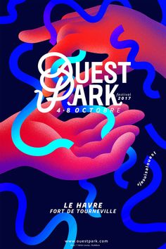 a poster with the words quest park in blue, pink and purple colors on it