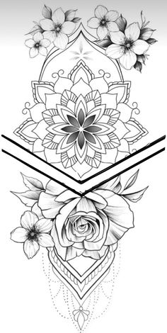 an artistic tattoo design with flowers and geometric shapes on the back of their armbands