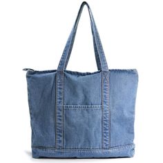 a denim tote bag is shown on a white background, with the bottom zipper open