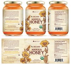 three jars of organic manuka honey with labels for each jar and the label is labeled