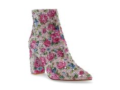 Blue by Betsey Johnson Cady - Women's Boots : Pink Floral : Spruce up your dressy look with a pop of sparkle and charm donning the Blue by Betsey Johnson Cady Booties. These party-ready ankle-high shoes highlight a synthetic upper with an eye-catching floral print and rhinestone embellishments throughout and are finished with a pointy toe, a block heel, and a secure zippered side closure. Synthetic lining and insole. Synthetic rubber outsole. Imported. Measurements: Heel Height: 3 1 2 in Weight: Sparkly Boots, Short Heel Boots, Blue By Betsey Johnson, Fashion Shoes Sandals, Tour Outfits, High Shoes, Rhinestone Embellishments, Beautiful Boots, Synthetic Rubber