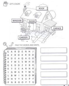 a house with words and pictures on it, which are labeled in the word search