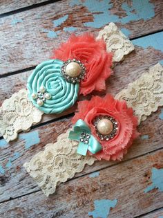 Wedding garter SET / Tiffany blue / Coral  / wedding garters/ bridal  garter/  lace garter / toss garter / vintage lace garter. $24.99, via Etsy. Blue Coral Weddings, Garter Lace, Head Board, When I Get Married