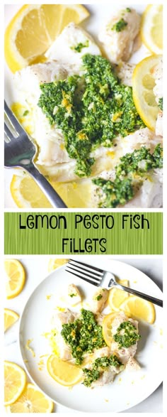 lemon pesto fish fillets on a white plate