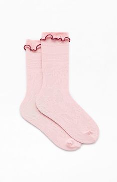 Elevate your sock collection with The Met x PacSun Pink Lace Crew Socks. Designed in collaboration with The Met, these stylish socks blend fashion and art, showcasing intricate lace details in a vibrant pink hue for a chic and unique statement and a red lettuce-edge ruffle at the opening.


	Solid color crew socks
	Delicate lace fabric
	Lettuce-edge trim
	One size fits most Pink Ruffle Socks, Childhood Outfits, Pastel Socks, Red Lettuce, Sock Leggings, Outfit Aesthetics, Sock Collection, Ruffled Socks, Slouch Socks