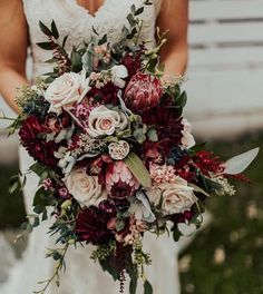 a bride holding a bouquet of flowers in her hands