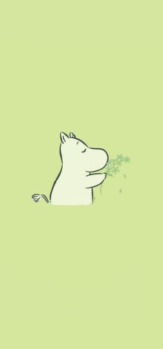 a drawing of a polar bear eating some green leaves from a plant on a light green background