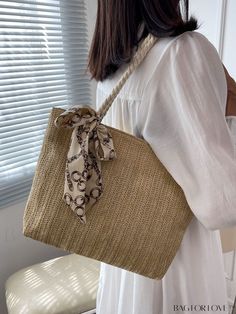 BagForLove - Chic Straw Bag with Twilly Scarf Accent Product Description Color Khaki Strap Type Double Handle Details Grommet Eyelet Pattern Type Plain Bag Size Small Style Vacation Type Straw Bag Closure Type Zipper Material PP Size Chart INCH CM Bag Length Bag Width Bag Height Handle Height 12.8 inch 2.6 inch 9.3 inch 7.9 inch Bag Length Bag Width Bag Height Handle Height 32.5 cm 6.5 cm 23.5 cm 20 cm Details Pictures Similar Products h2 { text-align: center; } /* æ¢è¡ */ li{ white-space: nor Beach Square Shoulder Bag, Elegant Square Bag For Vacation, Elegant Beige Beach Season Bags, Cream Straw Bag For Shopping, Spring Square Straw Bag, Elegant Shoulder Bag For Beach Season, Elegant Square Beach Bag, Elegant Beach Season Shopping Bags, Elegant Beige Rectangular Beach Bag