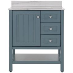 a bathroom vanity with drawers and a white counter top on a white background the cabinet is painted blue